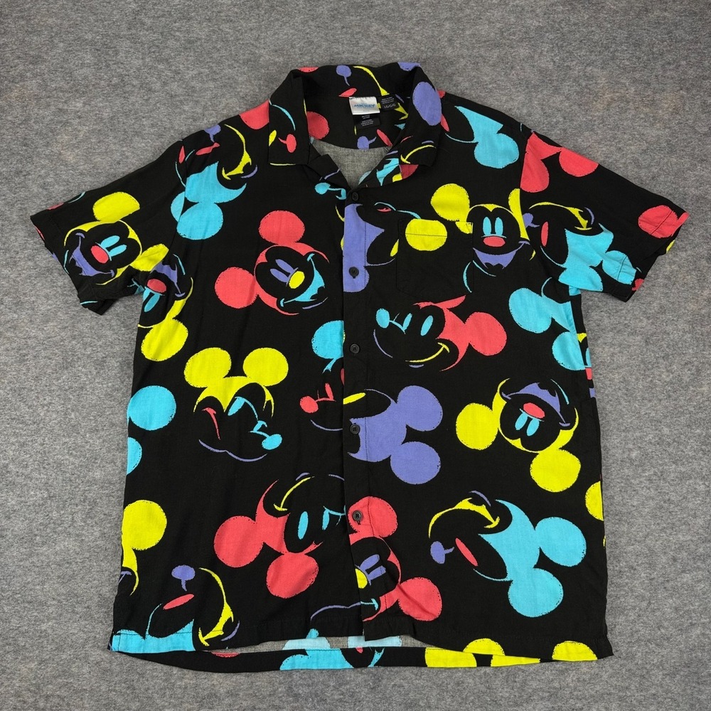 Disney Mickey Mouse Button Up Hawaiian Shirt Rayon Neon Black Mens Large L